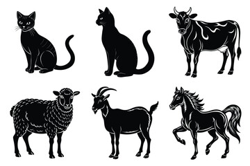 Animals silhouette set. Domestic animal silhouettes cat, cow, dog, horse, goat, sheep vector illustration
