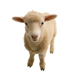 Fototapeta premium Fluffy sheep with soft wool standing against transparency background, showcasing its curious expression and gentle demeanor. This adorable animal captures attention effortlessly