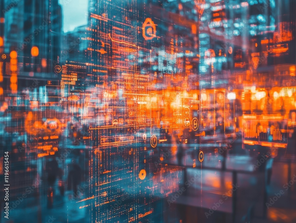 Poster abstract cityscape digital overlay futuristic technology urban data streams network information tech