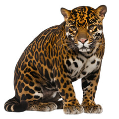 Majestic jaguar sitting gracefully against transparency background, showcasing its stunning coat of spots and powerful presence. This wild cat embodies strength and beauty