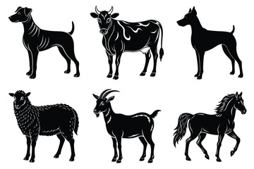 Animals silhouette set. Domestic animal silhouettes cat, cow, dog, horse, goat, sheep vector illustration