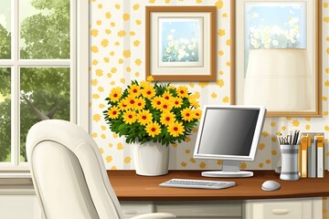 Fototapeta premium Charming Home Office with Yellow Flowers