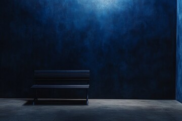Dark blue wall, empty bench, night scene.