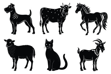 Animals silhouette set. Domestic animal silhouettes cat, cow, dog, horse, goat, sheep vector illustration