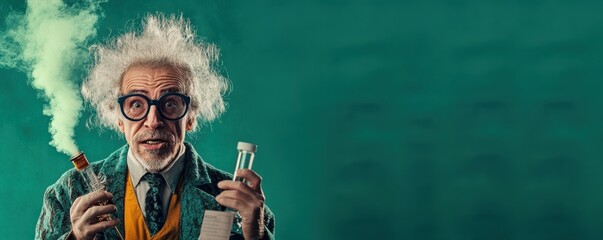 eccentric mad scientist set against a solid green felt background, showcasing their quirky personality and wild inventions. Ideal for promoting creativity, science events, or educational materials