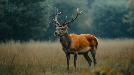 Fototapeta premium Majestic red deer stag in autumn field.