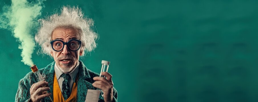eccentric mad scientist set against a solid green felt background, showcasing their quirky personality and wild inventions. Ideal for promoting creativity, science events, or educational materials