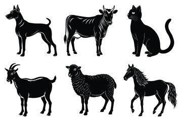 Animals silhouette set. Domestic animal silhouettes cat, cow, dog, horse, goat, sheep vector illustration