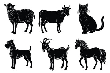 Animals silhouette set. Domestic animal silhouettes cat, cow, dog, horse, goat, sheep vector illustration