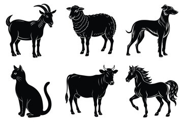 Animals silhouette set. Domestic animal silhouettes cat, cow, dog, horse, goat, sheep vector illustration
