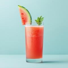 Refreshing watermelon smoothie in a tall glass, garnished with a watermelon wedge and mint.