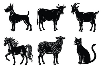Animals silhouette set. Domestic animal silhouettes cat, cow, dog, horse, goat, sheep vector illustration