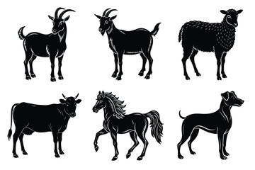 Animals silhouette set. Domestic animal silhouettes cat, cow, dog, horse, goat, sheep vector illustration