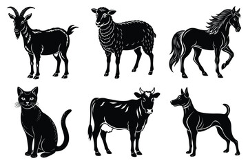 Animals silhouette set. Domestic animal silhouettes cat, cow, dog, horse, goat, sheep vector illustration
