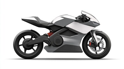 Obraz premium Sleek silver and black electric sportbike, side profile on white background.