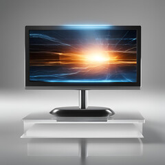 A futuristic computer monitor displaying dynamic light effects on a sleek stand, creating a high-tech visual impression for modern digital environments.