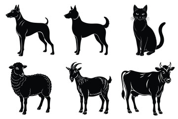 Animals silhouette set. Domestic animal silhouettes cat, cow, dog, horse, goat, sheep vector illustration
