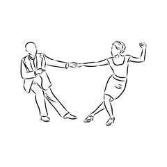 Couple in love dancing and having fun, hand drawn outline illustration. swing dance. vector