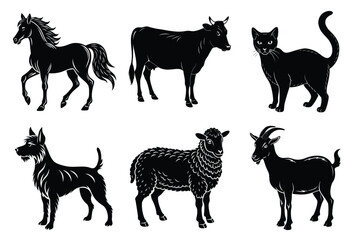 Animals silhouette set. Domestic animal silhouettes cat, cow, dog, horse, goat, sheep vector illustration