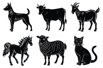 Animals silhouette set. Domestic animal silhouettes cat, cow, dog, horse, goat, sheep vector illustration