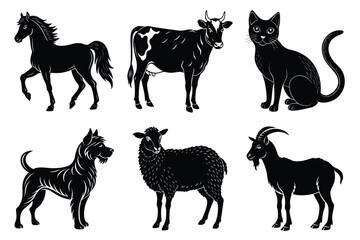 Animals silhouette set. Domestic animal silhouettes cat, cow, dog, horse, goat, sheep vector illustration