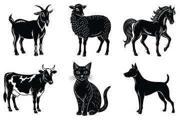 Animals silhouette set. Domestic animal silhouettes cat, cow, dog, horse, goat, sheep vector illustration