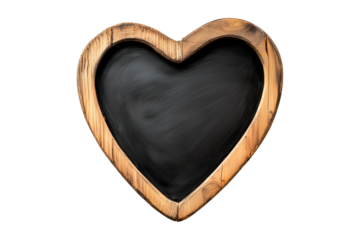Heart-shaped wooden chalkboard with a rustic finish, isolated on a white transparent background, ideal for decoration or messages on Valentine Day