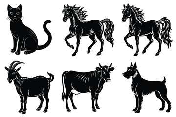 Animals silhouette set. Domestic animal silhouettes cat, cow, dog, horse, goat, sheep vector illustration