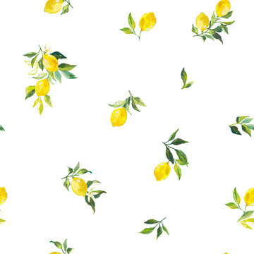 Beautiful seamless pattern with watercolor fresh lemons with leaves and flowers in sunny Mediterranean style. Ready summer print design for wallpapers, wrappings, textile.