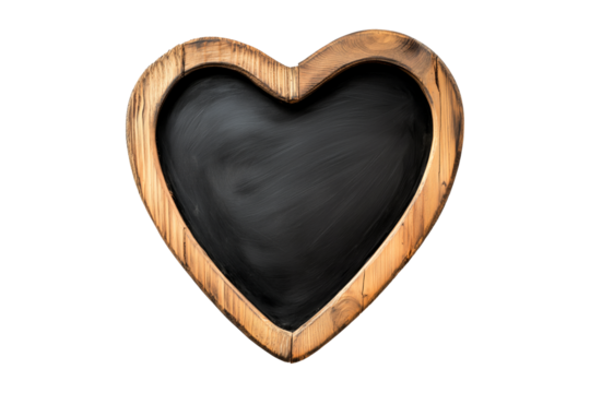 Heart-shaped wooden chalkboard with a rustic finish, isolated on a white transparent background, ideal for decoration or messages on Valentine Day