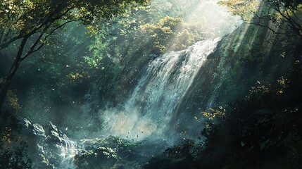 Enchanted Waterfall in Lush Forest