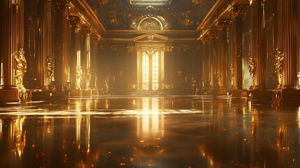 Obraz premium Sunlit opulent golden palace hall interior.