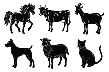 Animals silhouette set. Domestic animal silhouettes cat, cow, dog, horse, goat, sheep vector illustration