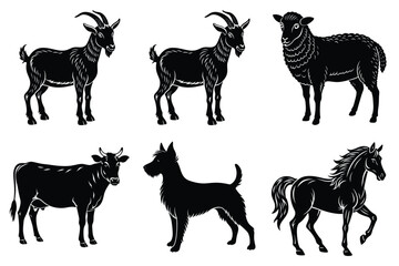 Animals silhouette set. Domestic animal silhouettes cat, cow, dog, horse, goat, sheep vector illustration