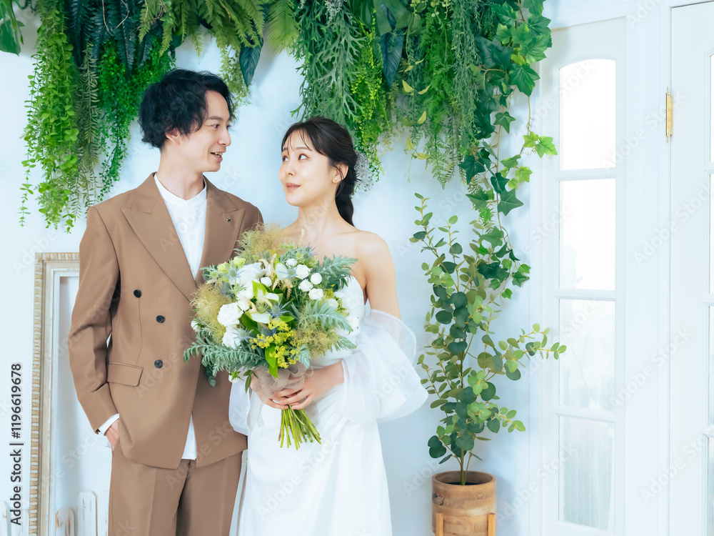 Poster ウェディング、ブライダル、結婚、新郎、新婦、ナチュラル、花嫁、婚活、ポートレート、ウェディングドレス、ウエディング、カップル、男性、女性、日本人、花婿、チャペル、グリーン、植物、フォト、スタジオ、写真館、若い、20代、30代、ブーケ、明るい、美しい、きれい、スキンケア、美容、ビューティー、男女、二人、結婚式、披露宴、幸せ、花束、挙式、婚礼、式場、前撮り、美人、夫婦、室内、ファッション、愛情、コピー