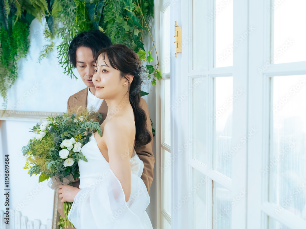 Leinwandbilder ウェディング、ブライダル、結婚、ウエディング、新郎、新婦、ナチュラル、花嫁、婚活、ポートレート、ウェディングドレス、カップル、男性、女性、日本人、花婿、チャペル、グリーン、植物、フォト、スタジオ、写真館、若い、20代、30代、ブーケ、明るい、美しい、きれい、スキンケア、美容、ビューティー、男女、二人、結婚式、披露宴、幸せ、花束、挙式、婚礼、式場、結婚式場、前撮り、美人、夫婦、室内、愛、ファッション