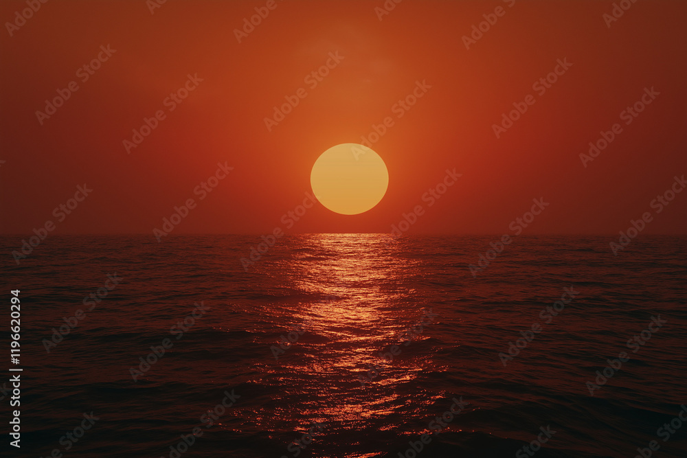 Poster hyper-realistic red sunset over the sea with a large glowing sun centered in the frame, casting warm