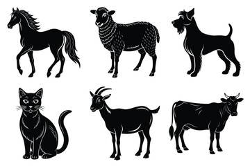 Animals silhouette set. Domestic animal silhouettes cat, cow, dog, horse, goat, sheep vector illustration