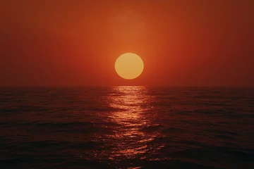 Gardinen Hyper-realistic red sunset over the sea with a large glowing sun centered in the frame, casting warm orange and red hues across the sky and water, creating a cinematic and serene atmosphere © muhammadarslan