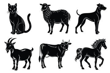 Animals silhouette set. Domestic animal silhouettes cat, cow, dog, horse, goat, sheep vector illustration