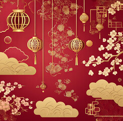 set Chinese New Year Lanterns and Floral Elements on Red Background