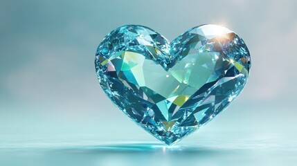 Fototapeta premium Sparkling Heart-Shaped Blue Diamond on Soft Turquoise Background with Radiant Light Reflections and Intricate Facets