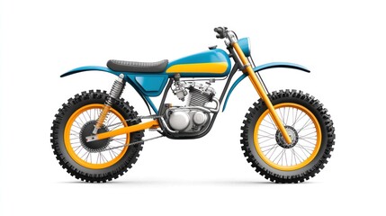 Vintage blue and yellow motocross dirt bike isolated on white background.