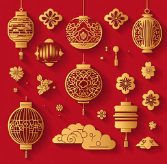set Chinese New Year Lanterns and Floral Elements on Red Background