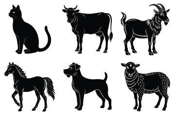 Animals silhouette set. Domestic animal silhouettes cat, cow, dog, horse, goat, sheep vector illustration