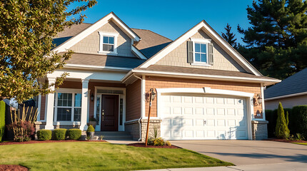 Luxury Suburban House Exterior: Dream Home in a Peaceful Neighborhood. Modern Architecture, Spacious Design, Landscaped Garden, and Comfortable Living