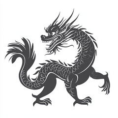 Chinese dragon, vector illustration, simple lines, white background, black and gray, minimalist style, symmetrical composition, full body,