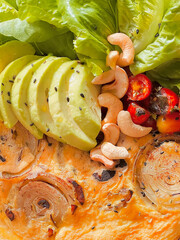 Onion omelette with avocado for breakfast. Delicious food. Cooking recipes. Bruch menu. Healthy recipes. Easy home cooking. Diet food dish. High Protein. eggs recipe. Breakfast tray. Fluffy omelet. 