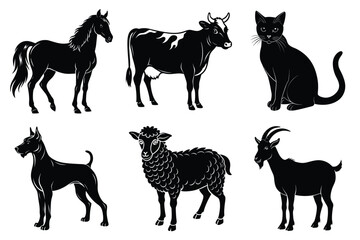 Animals silhouette set. Domestic animal silhouettes cat, cow, dog, horse, goat, sheep vector illustration