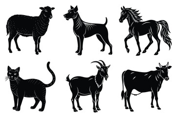 Animals silhouette set. Domestic animal silhouettes cat, cow, dog, horse, goat, sheep vector illustration